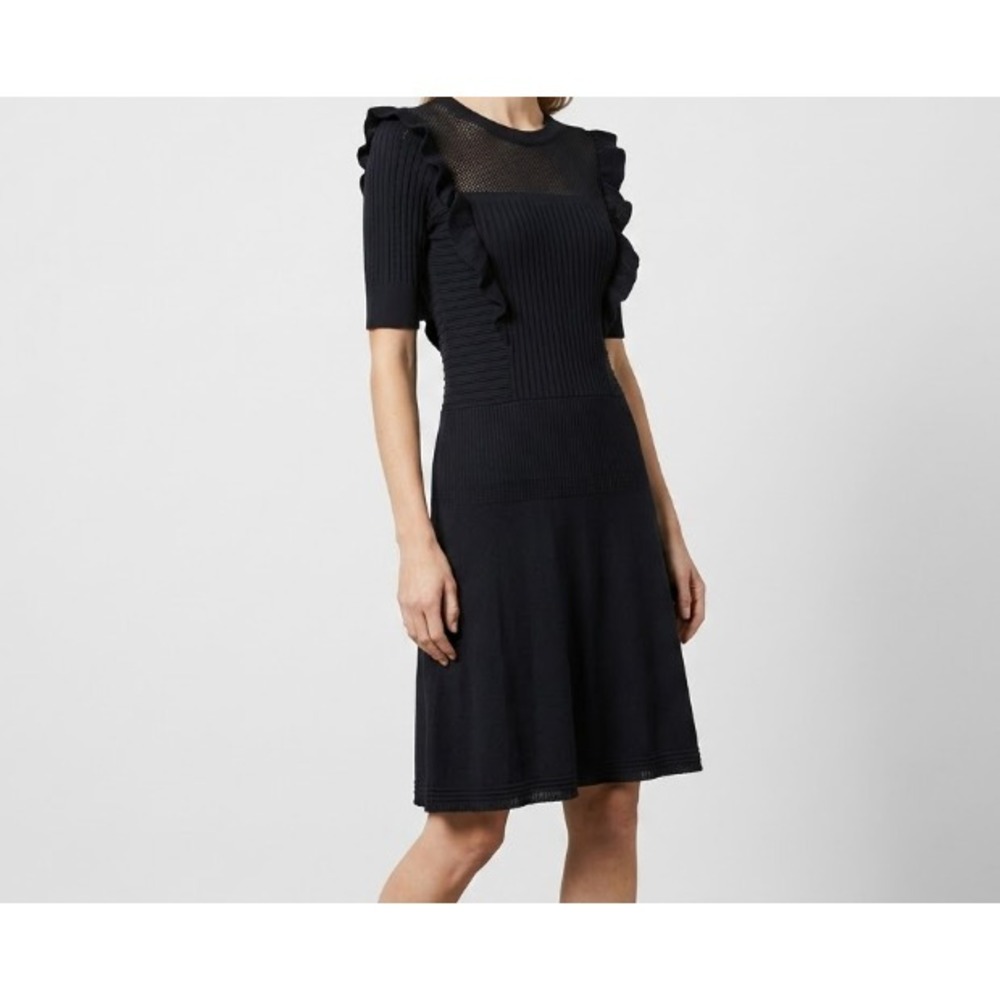 Scotch & Soda Maison Scotch Blue Ribbed Knit Ruffle Mesh Yoke A-Line Dress Large